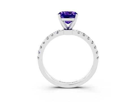 White gold Cushion Cut Tanzanite Solitaire Ring with Pavé Accents and Four-Prong Setting_3