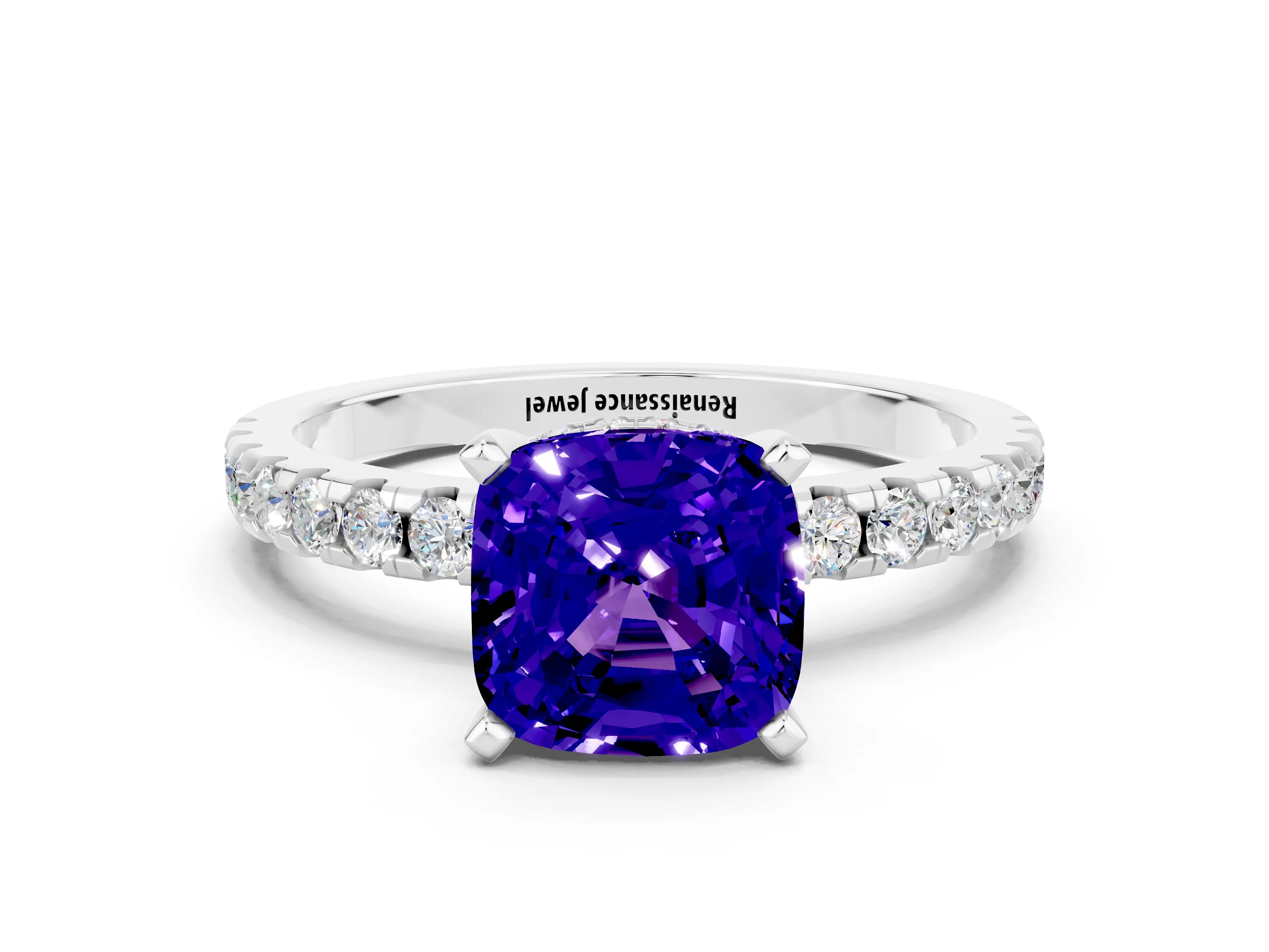White gold Cushion Cut Tanzanite Solitaire Ring with Pavé Band and Four-Prong Setting_12