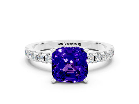 White gold Cushion Cut Tanzanite Solitaire Ring with Pavé Band and Four-Prong Setting_12