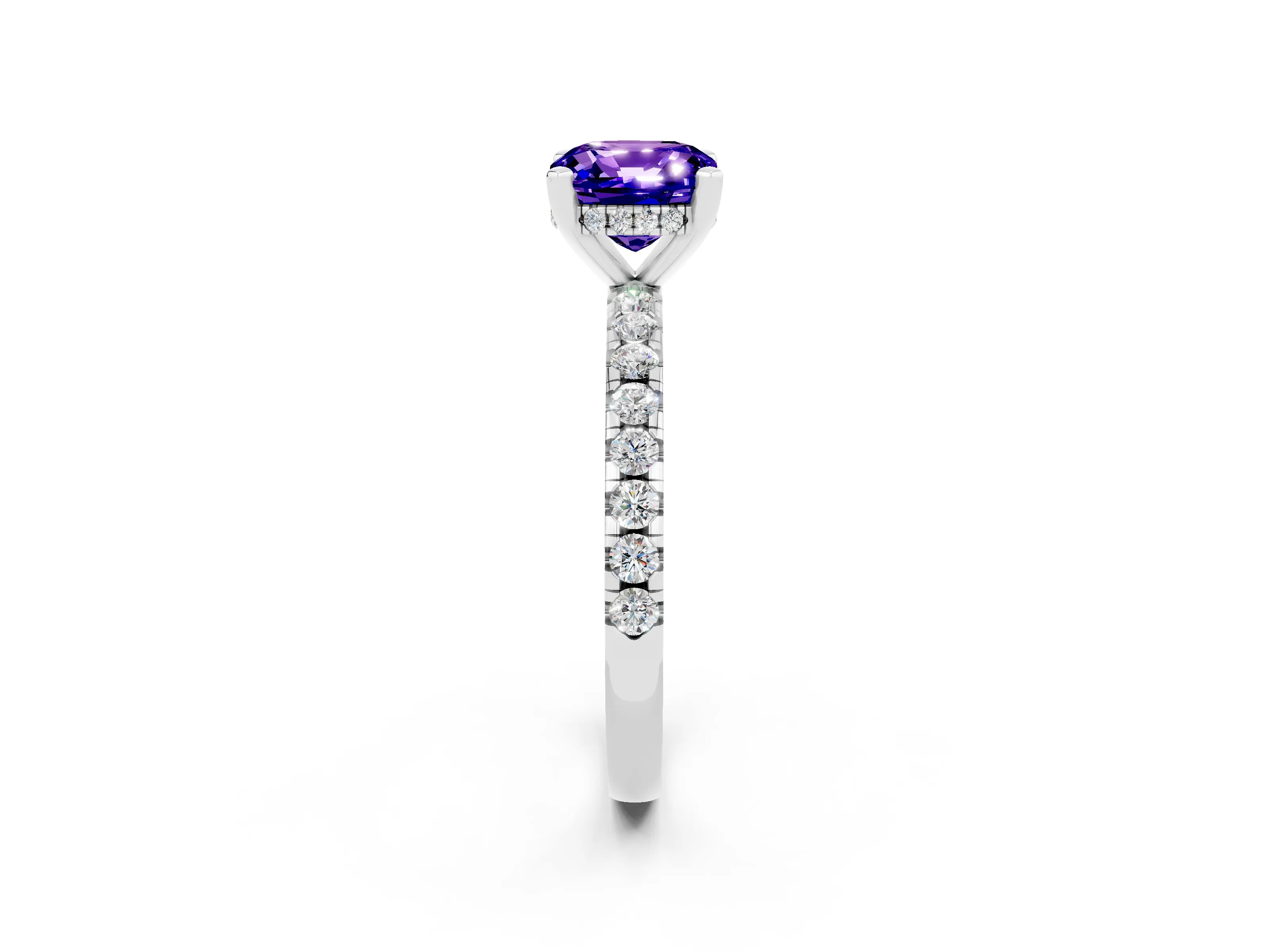 White gold Cushion Cut Tanzanite Solitaire Ring with Pavé Band and Four-Prong Setting_14