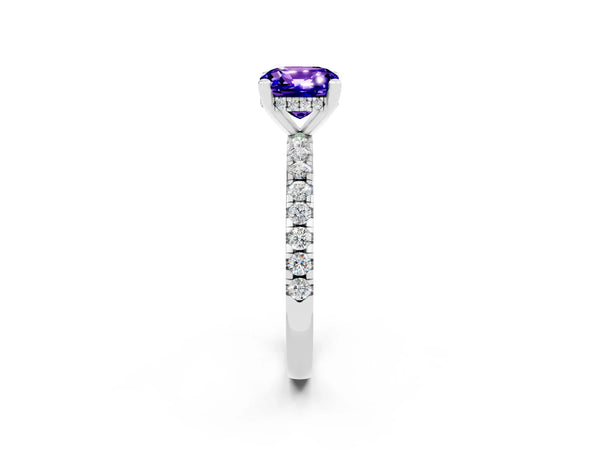 White gold Cushion Cut Tanzanite Solitaire Ring with Round  Pavé Band and Four-Prong Setting
