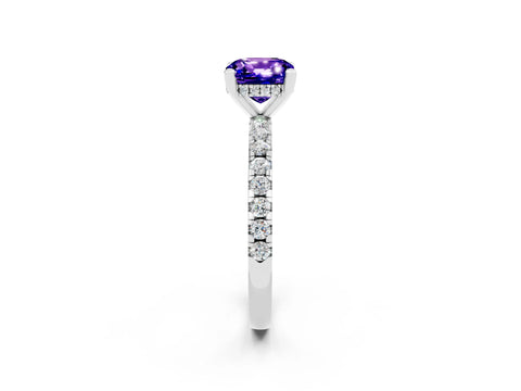 White gold Cushion Cut Tanzanite Solitaire Ring with Pavé Band and Four-Prong Setting_14
