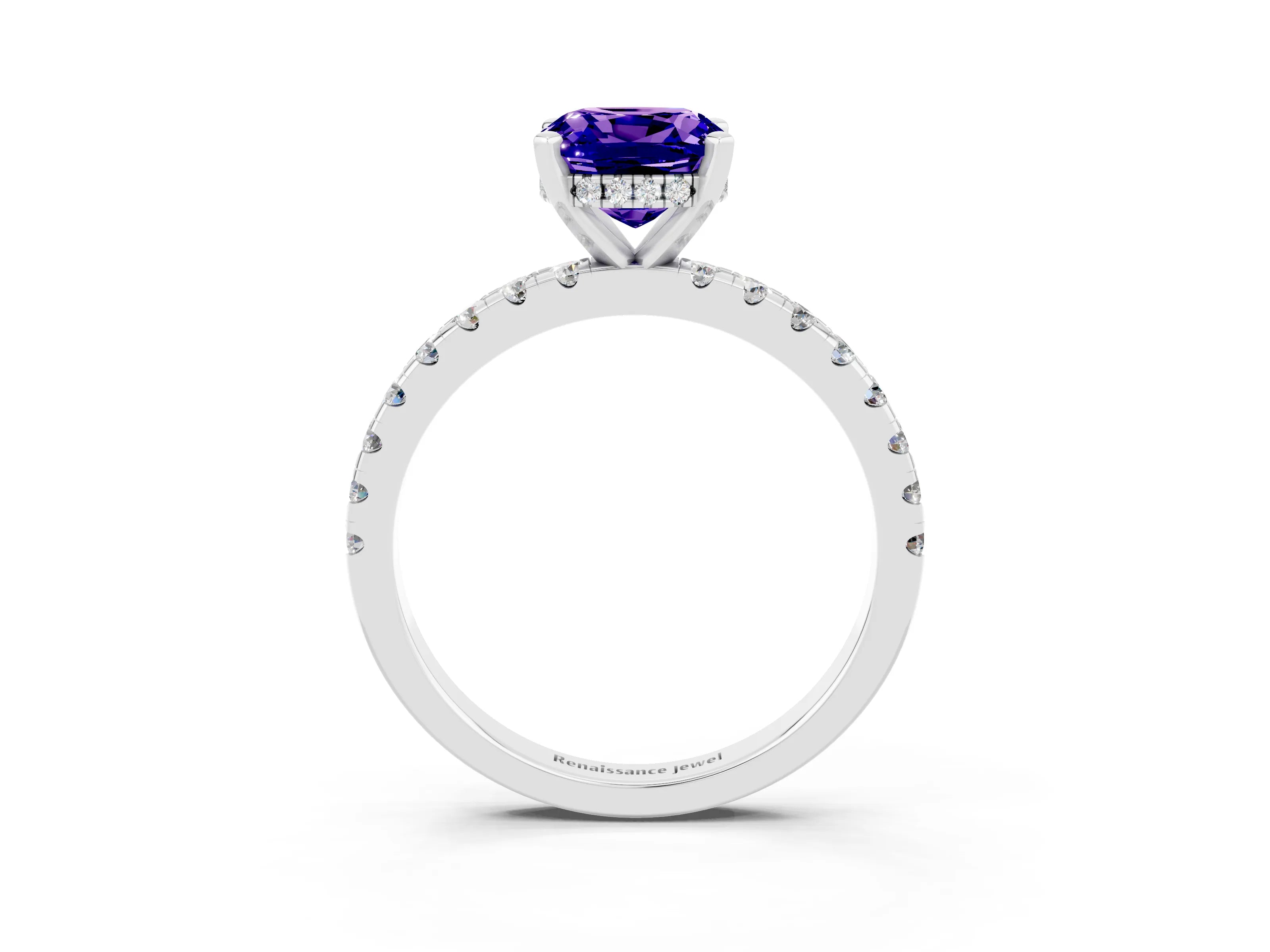 White gold Cushion Cut Tanzanite Solitaire Ring with Pavé Band and Four-Prong Setting_15