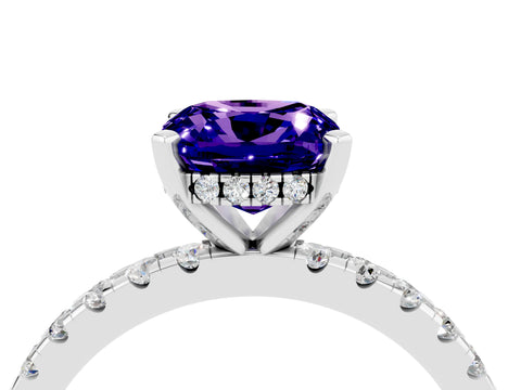 White gold Cushion Cut Tanzanite Solitaire Ring with Pavé Band and Four-Prong Setting_16