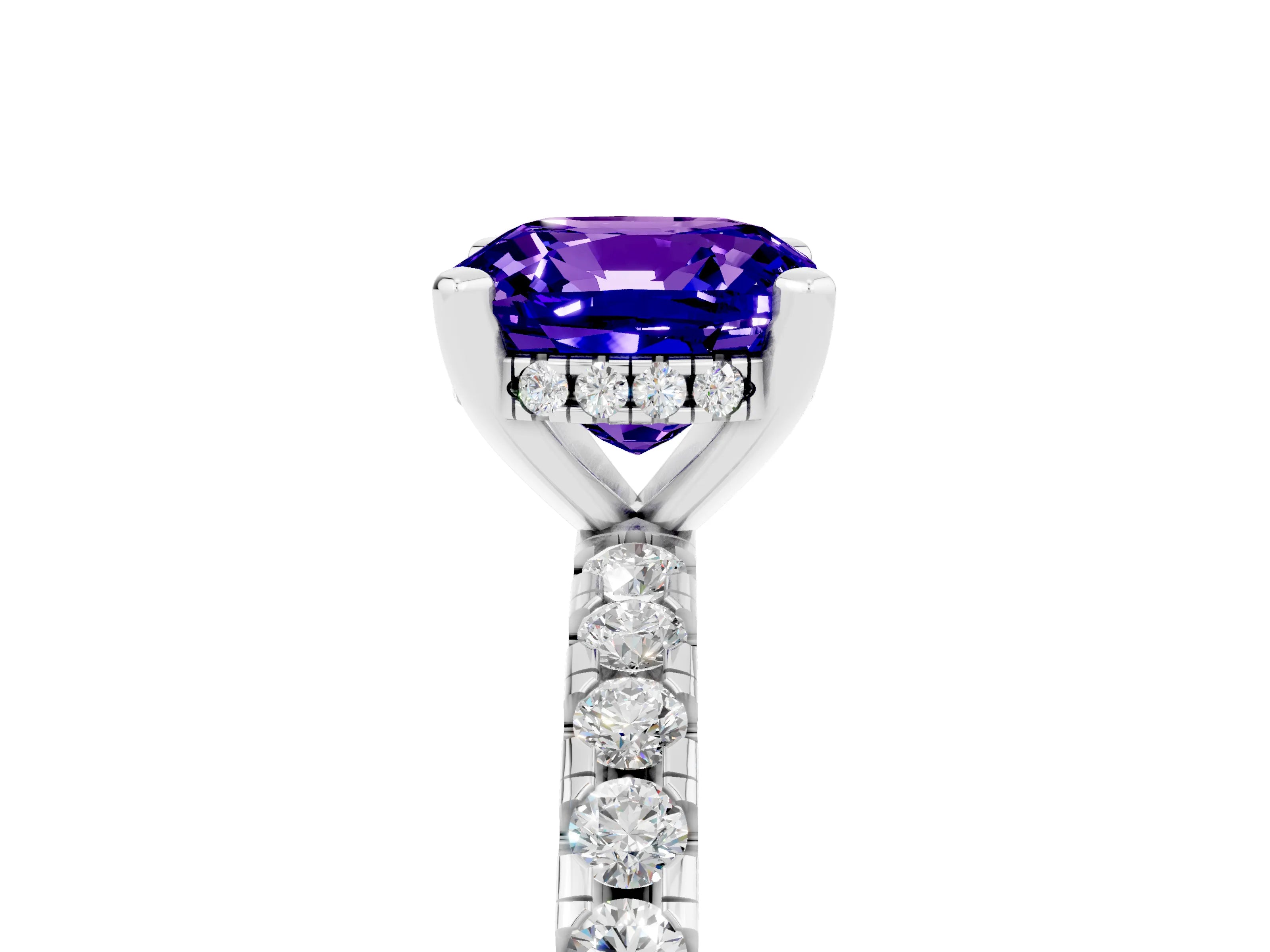 White gold Cushion Cut Tanzanite Solitaire Ring with Pavé Band and Four-Prong Setting_17