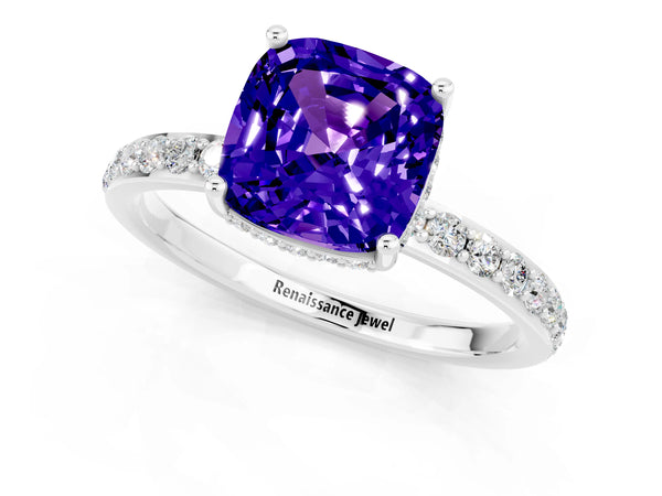 Platinum Cushion Cut Tanzanite Solitaire Ring with Pavé Band and Hidden Halo