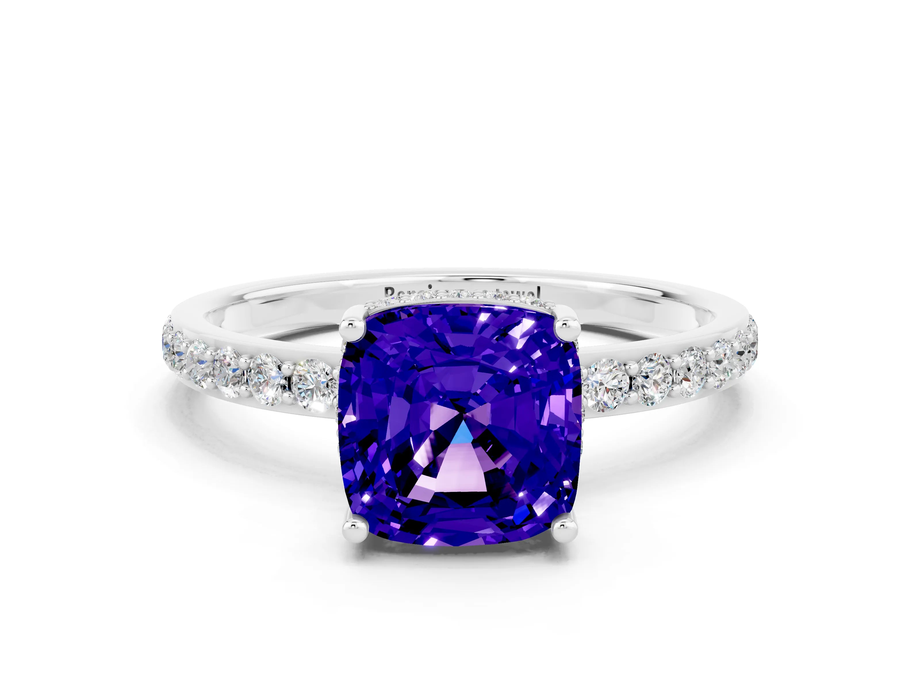 White gold Cushion Cut Tanzanite Solitaire Ring with Pavé Band and Hidden Halo