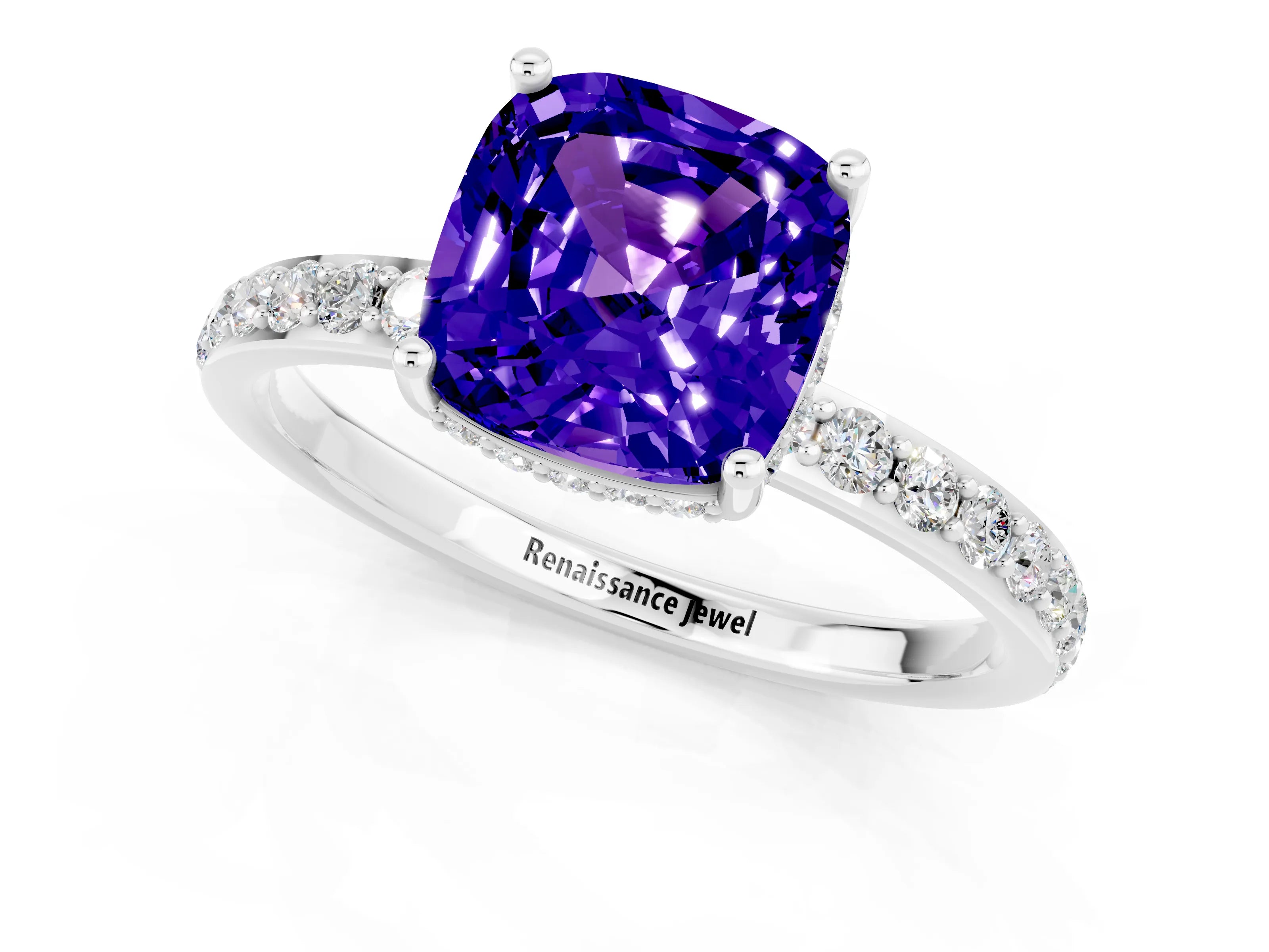 White gold Cushion Cut Tanzanite Solitaire Ring with Pavé Band and Hidden Halo_1