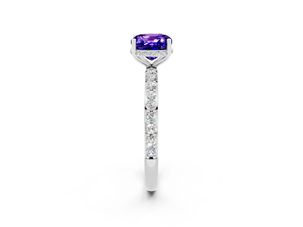 Platinum Cushion Cut Tanzanite Solitaire Ring with Pavé Band and Hidden Halo