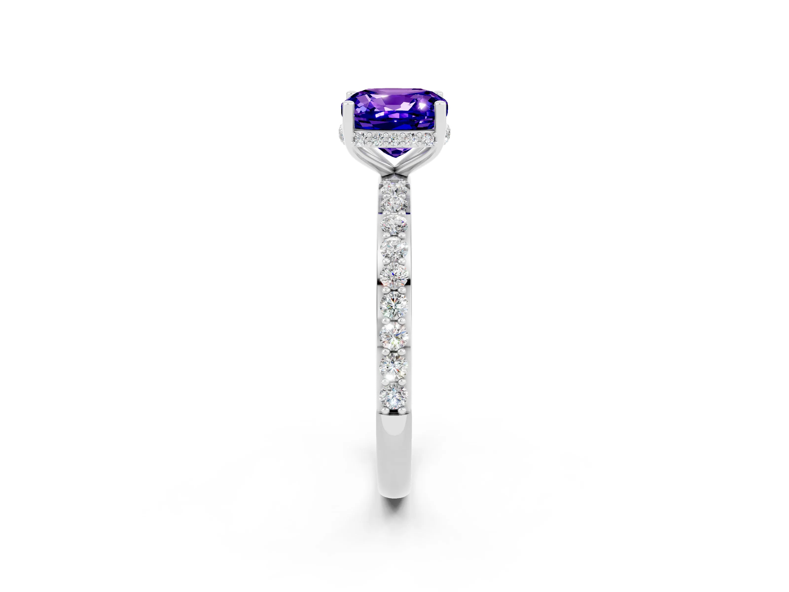 White gold Cushion Cut Tanzanite Solitaire Ring with Pavé Band and Hidden Halo_26