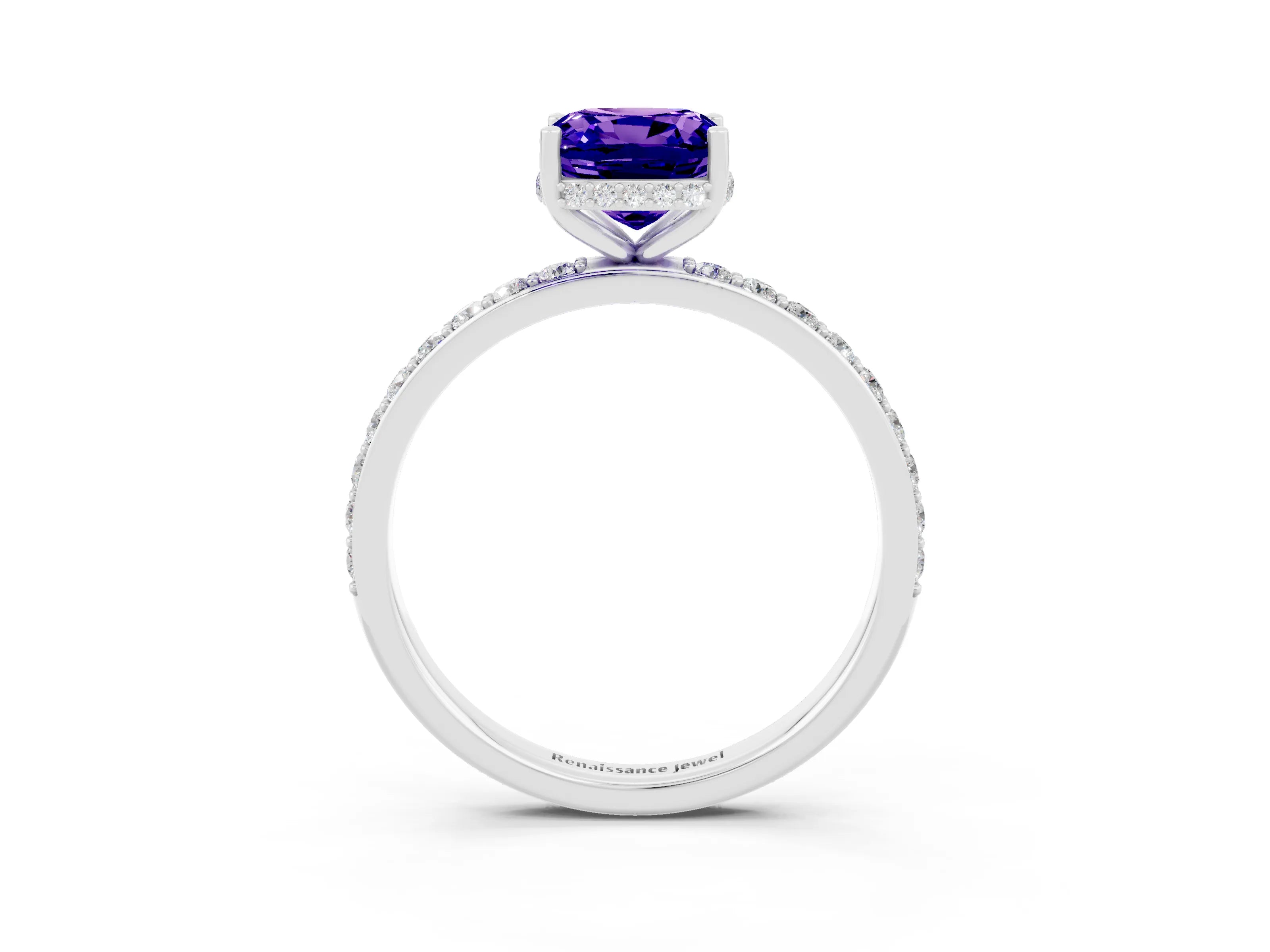 White gold Cushion Cut Tanzanite Solitaire Ring with Pavé Band and Hidden Halo_27