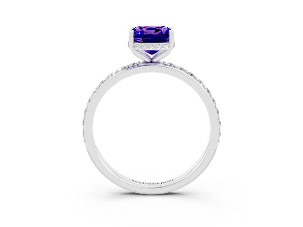White gold Cushion Cut Tanzanite Solitaire Ring with Pavé Band and Hidden Halo
