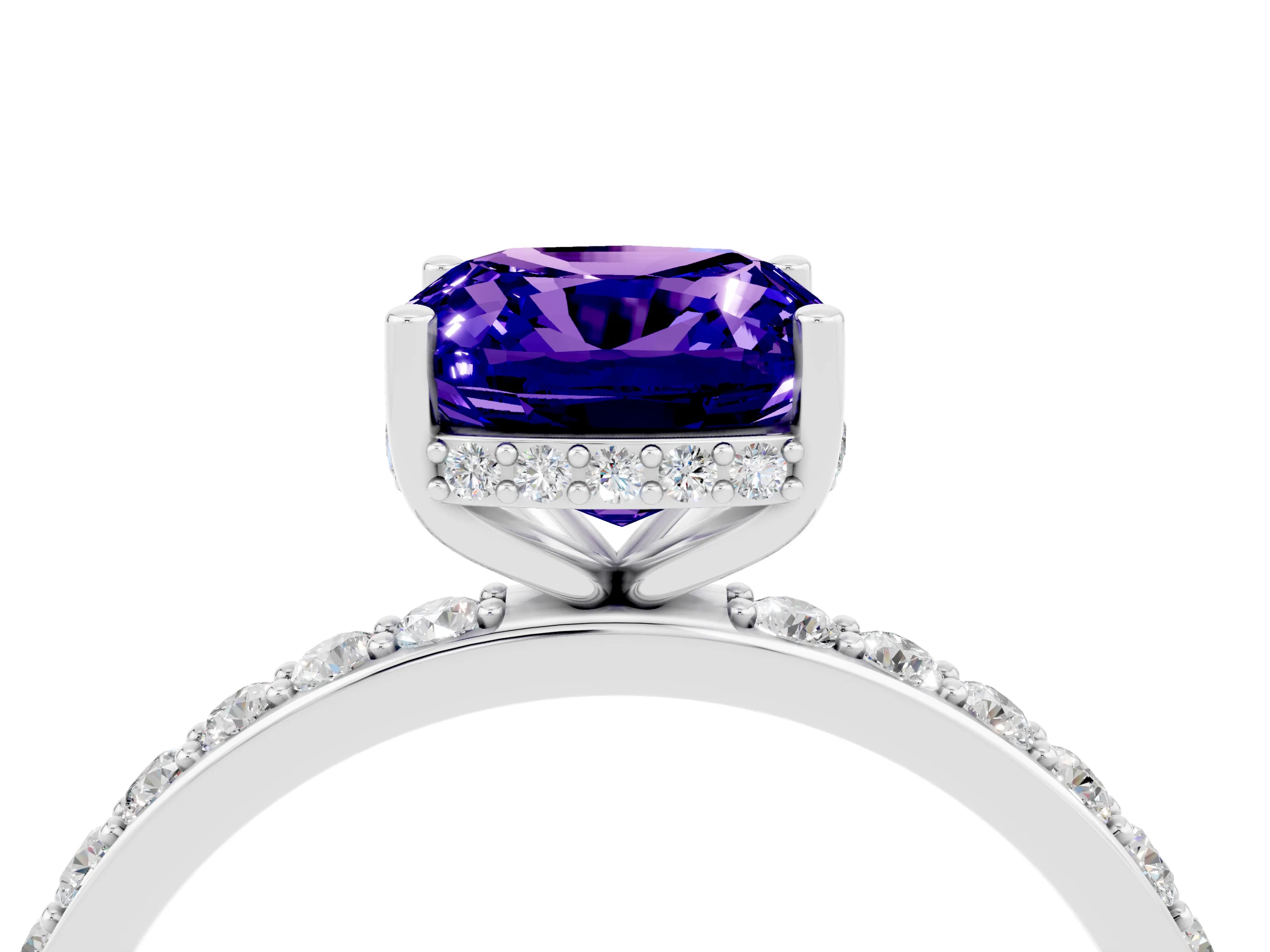 White gold Cushion Cut Tanzanite Solitaire Ring with Pavé Band and Hidden Halo_28