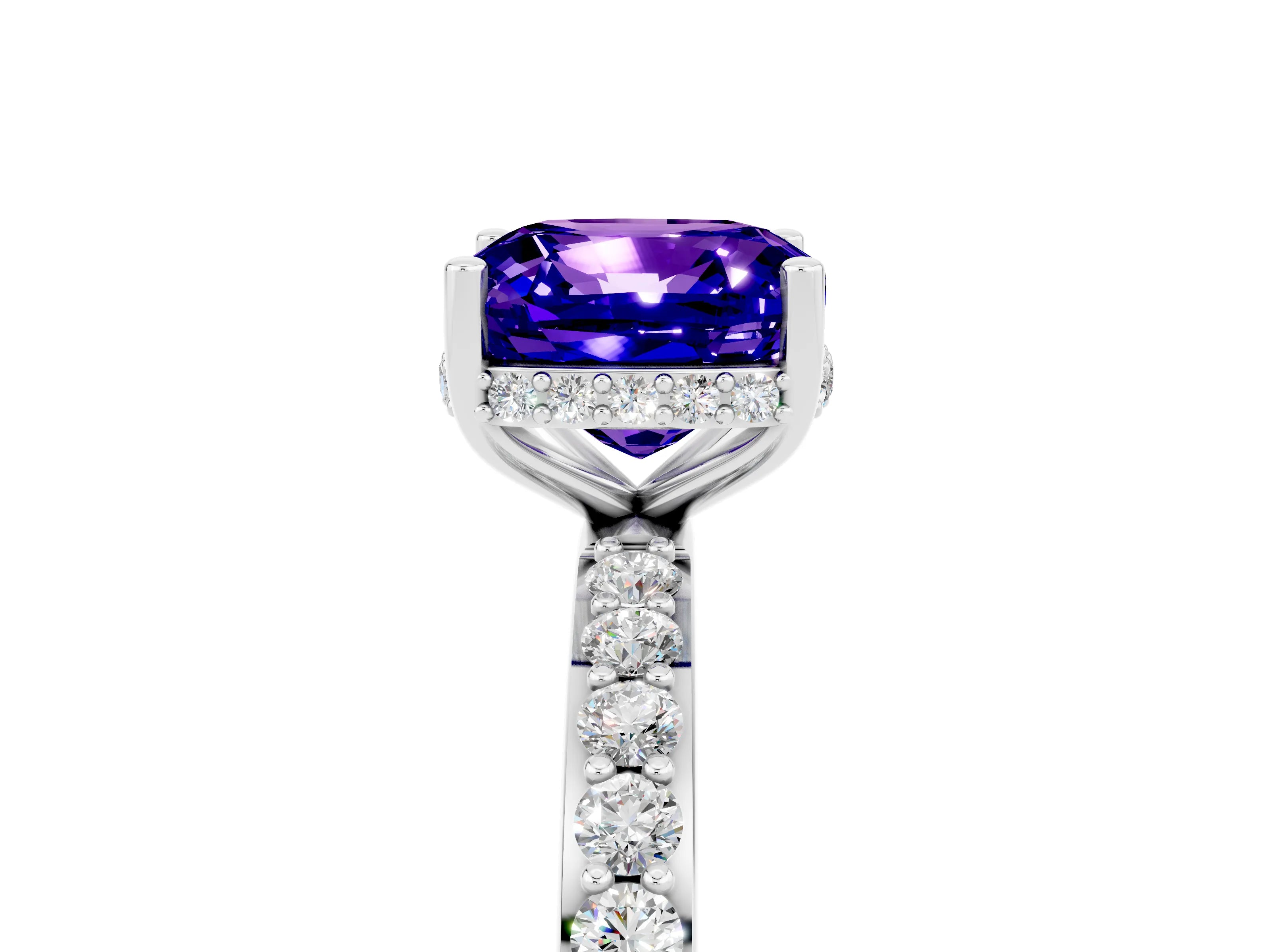 White gold Cushion Cut Tanzanite Solitaire Ring with Pavé Band and Hidden Halo_29