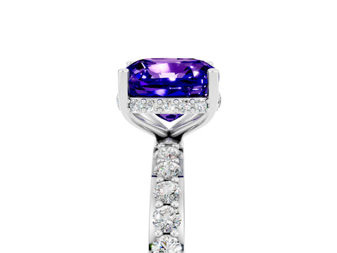 White gold Cushion Cut Tanzanite Solitaire Ring with Pavé Band and Hidden Halo_29