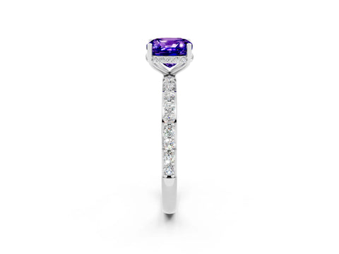 White gold Cushion Cut Tanzanite Solitaire Ring with Pavé Band and Hidden Halo_2