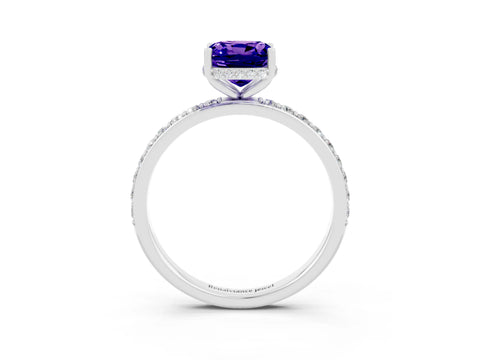 White gold Cushion Cut Tanzanite Solitaire Ring with Pavé Band and Hidden Halo_3