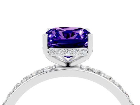 White gold Cushion Cut Tanzanite Solitaire Ring with Pavé Band and Hidden Halo_4