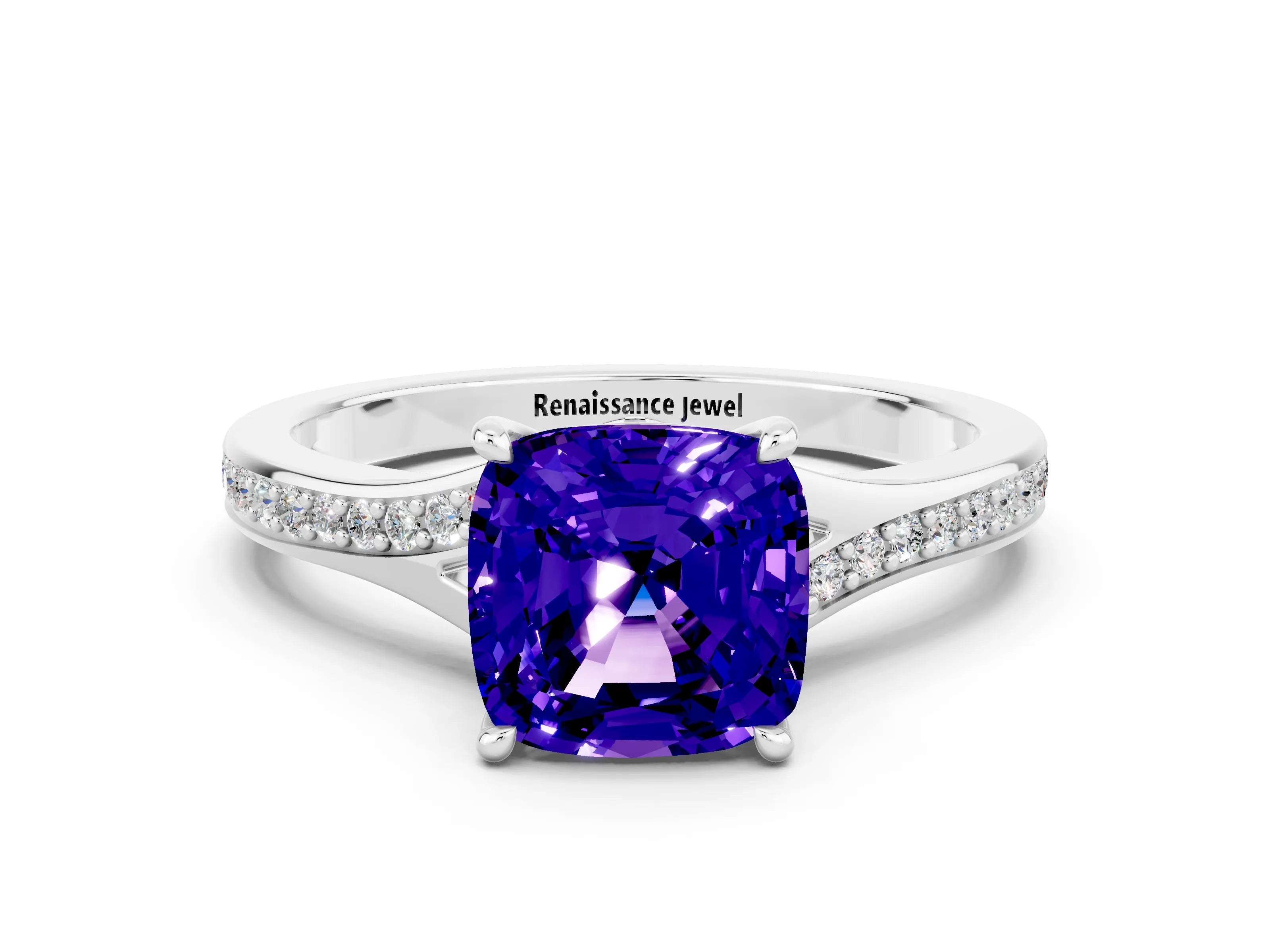 White gold Cushion Cut Tanzanite Solitaire Ring with Pavé Band and Prong Setting_12
