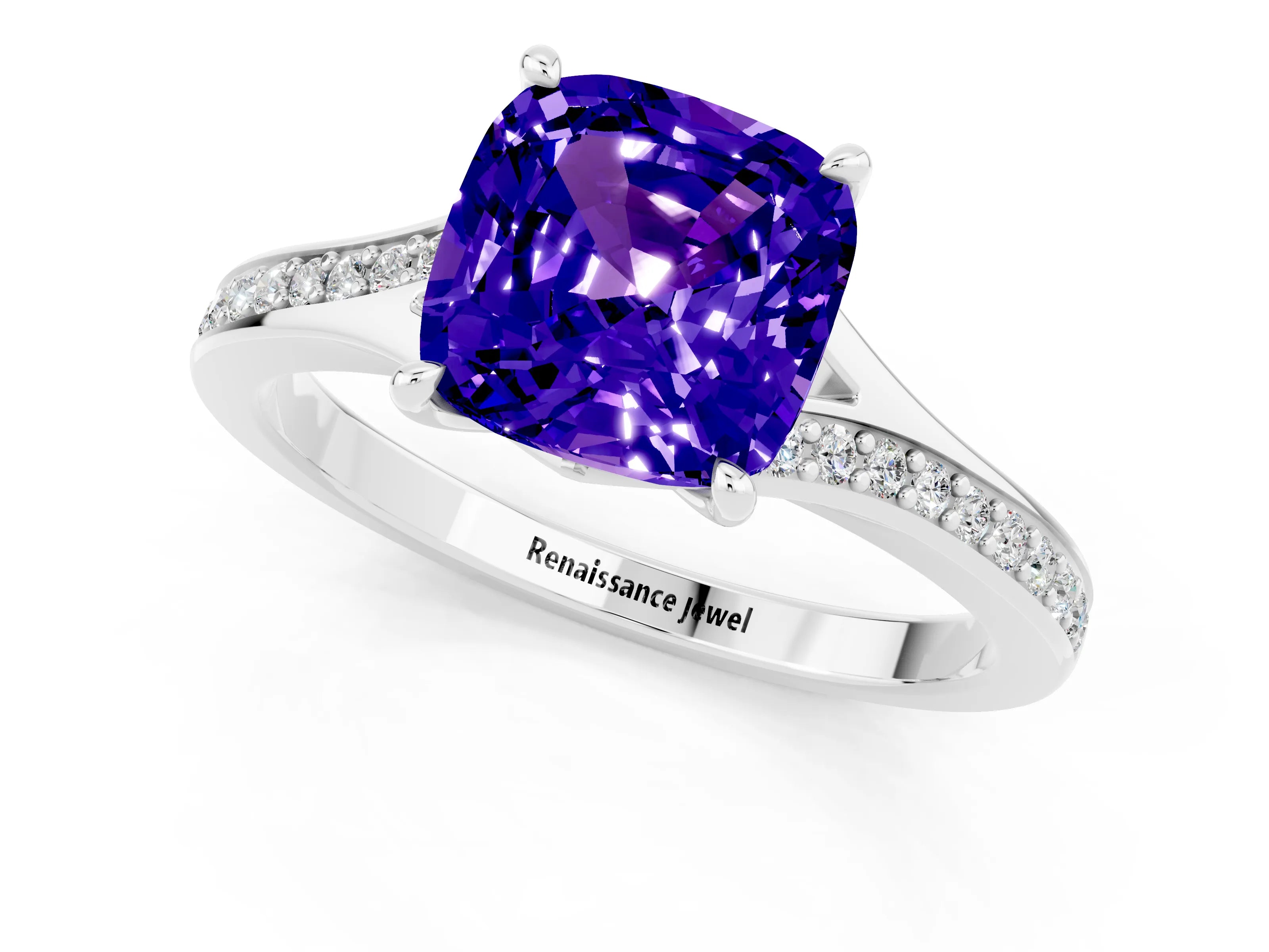 White gold Cushion Cut Tanzanite Solitaire Ring with Pavé Band and Prong Setting_13