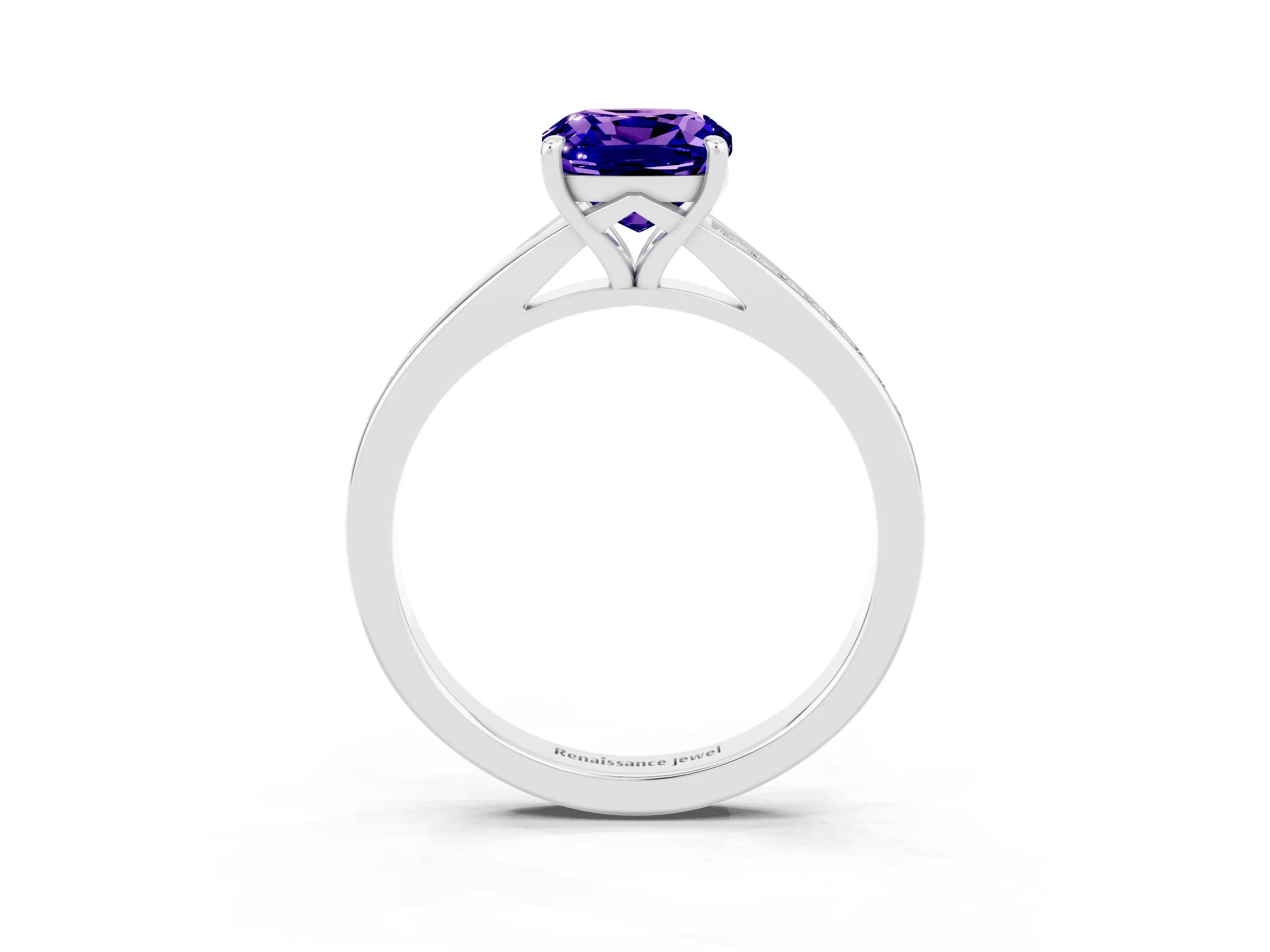 White gold Cushion Cut Tanzanite Solitaire Ring with Pavé Band and Prong Setting_15