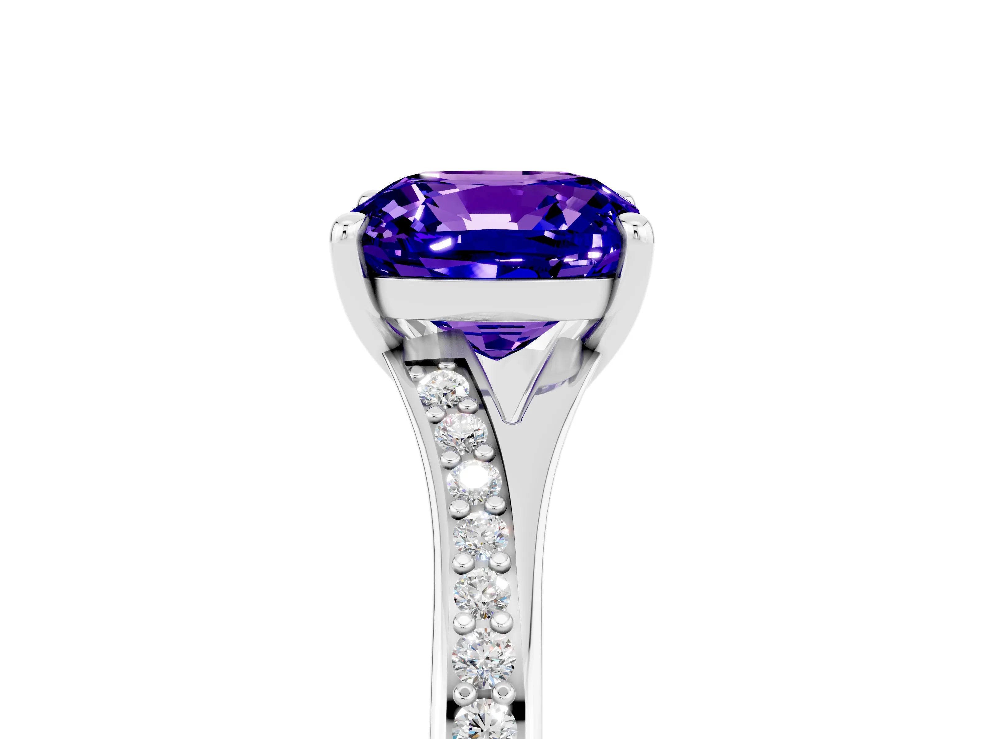 White gold Cushion Cut Tanzanite Solitaire Ring with Pavé Band and Prong Setting_17