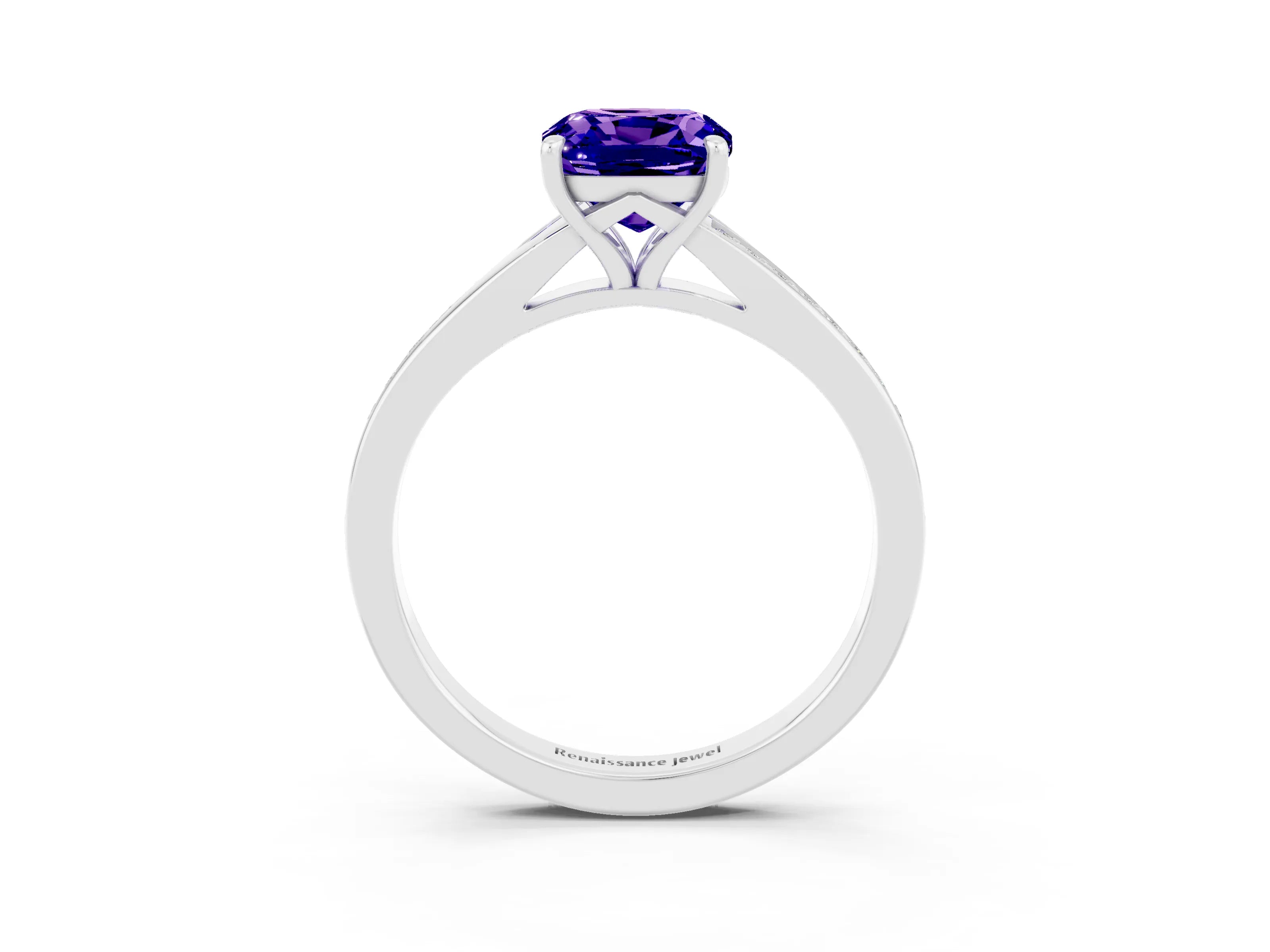 White gold Cushion Cut Tanzanite Solitaire Ring with Pavé Band and Prong Setting_3