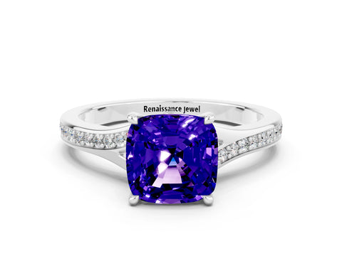 White gold Cushion Cut Tanzanite Solitaire Ring with Pavé Band and Prong Setting