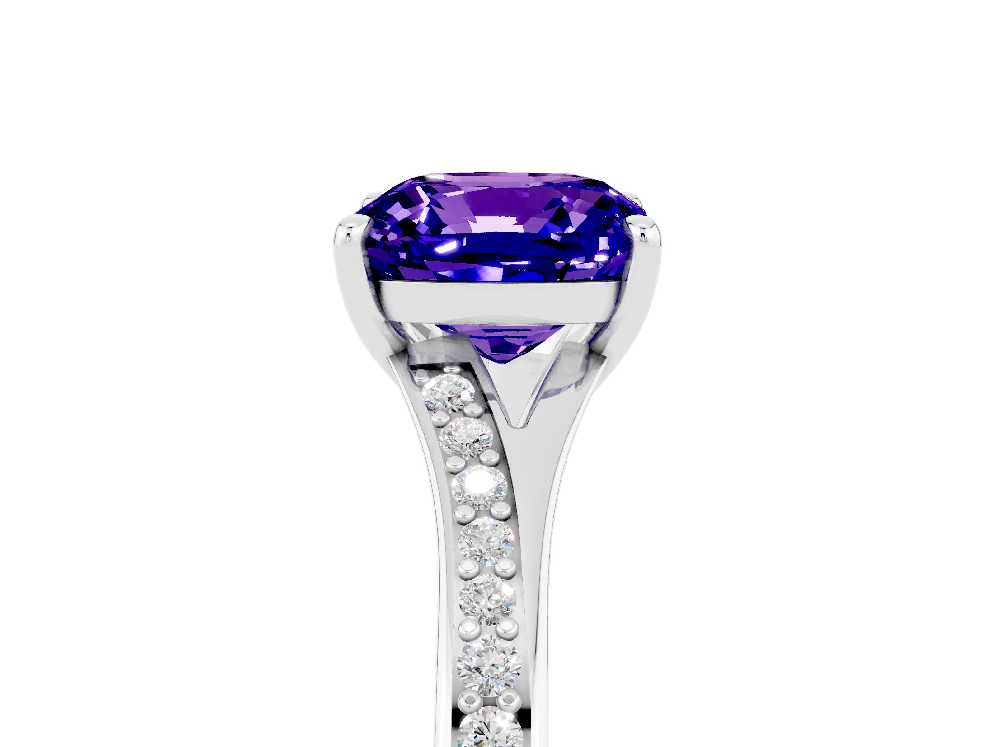 White gold Cushion Cut Tanzanite Solitaire Ring with Pavé Band and Prong Setting_5