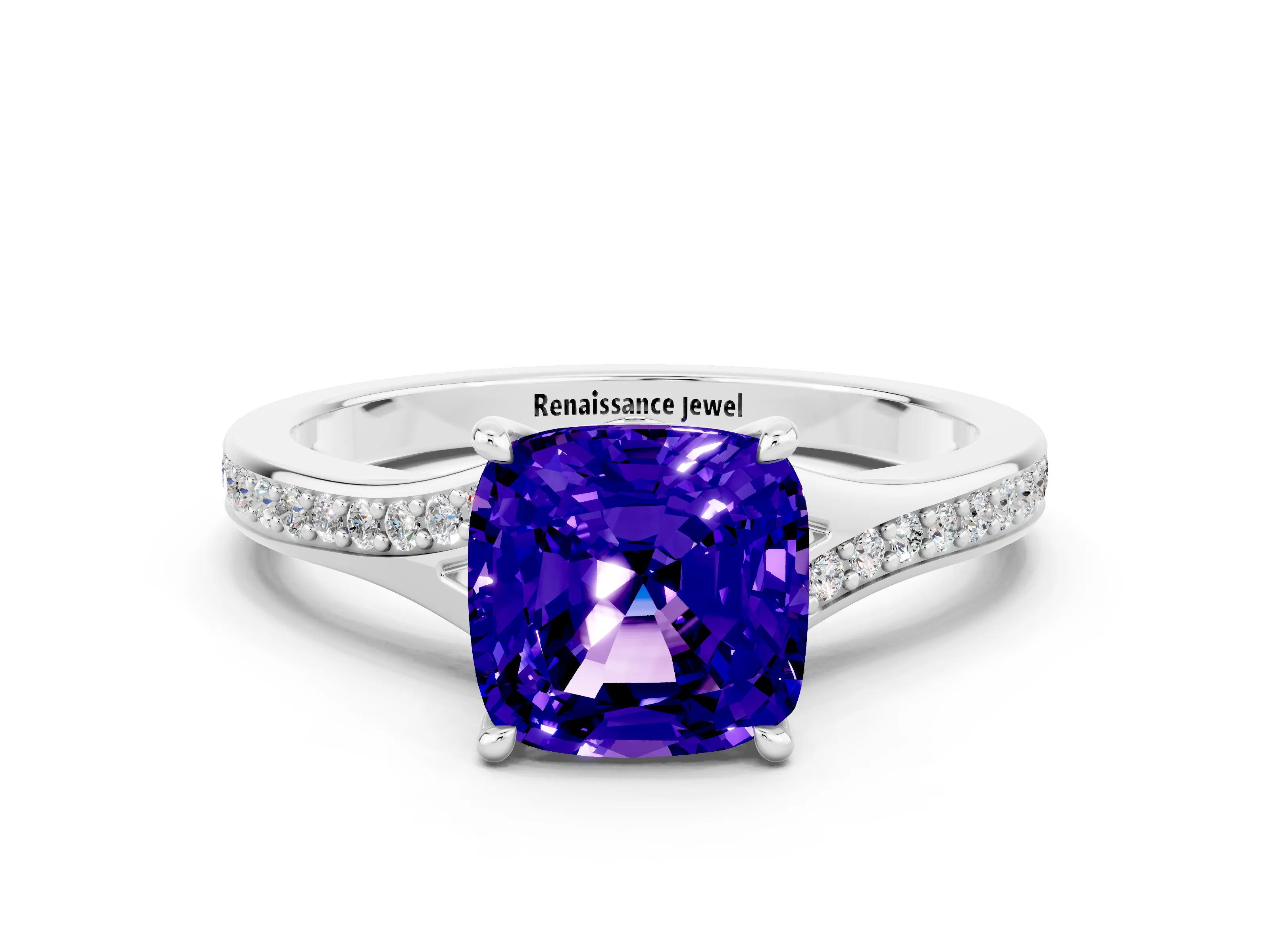 White gold Cushion Cut Tanzanite Solitaire Ring with Pavé Band and Prong Setting