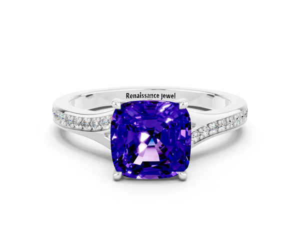 White gold Cushion Cut Tanzanite Solitaire Ring with Pavé Band and Prong Setting
