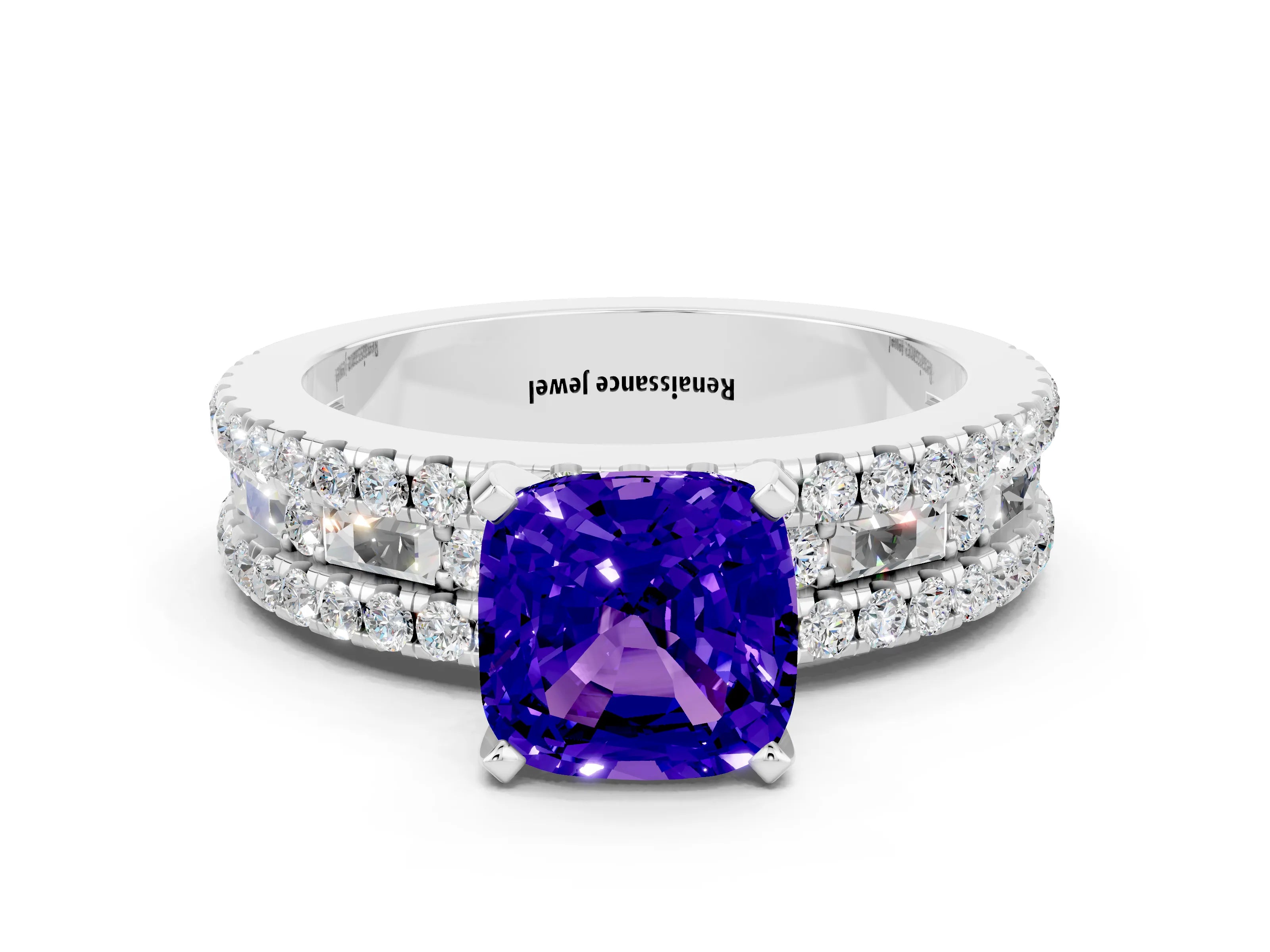 White gold Cushion Cut Tanzanite Solitaire Ring with Pavé and Channel Set Band_18