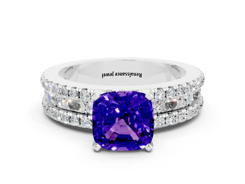 White gold Cushion Cut Tanzanite Solitaire Ring with Pavé and Channel Set Band_18