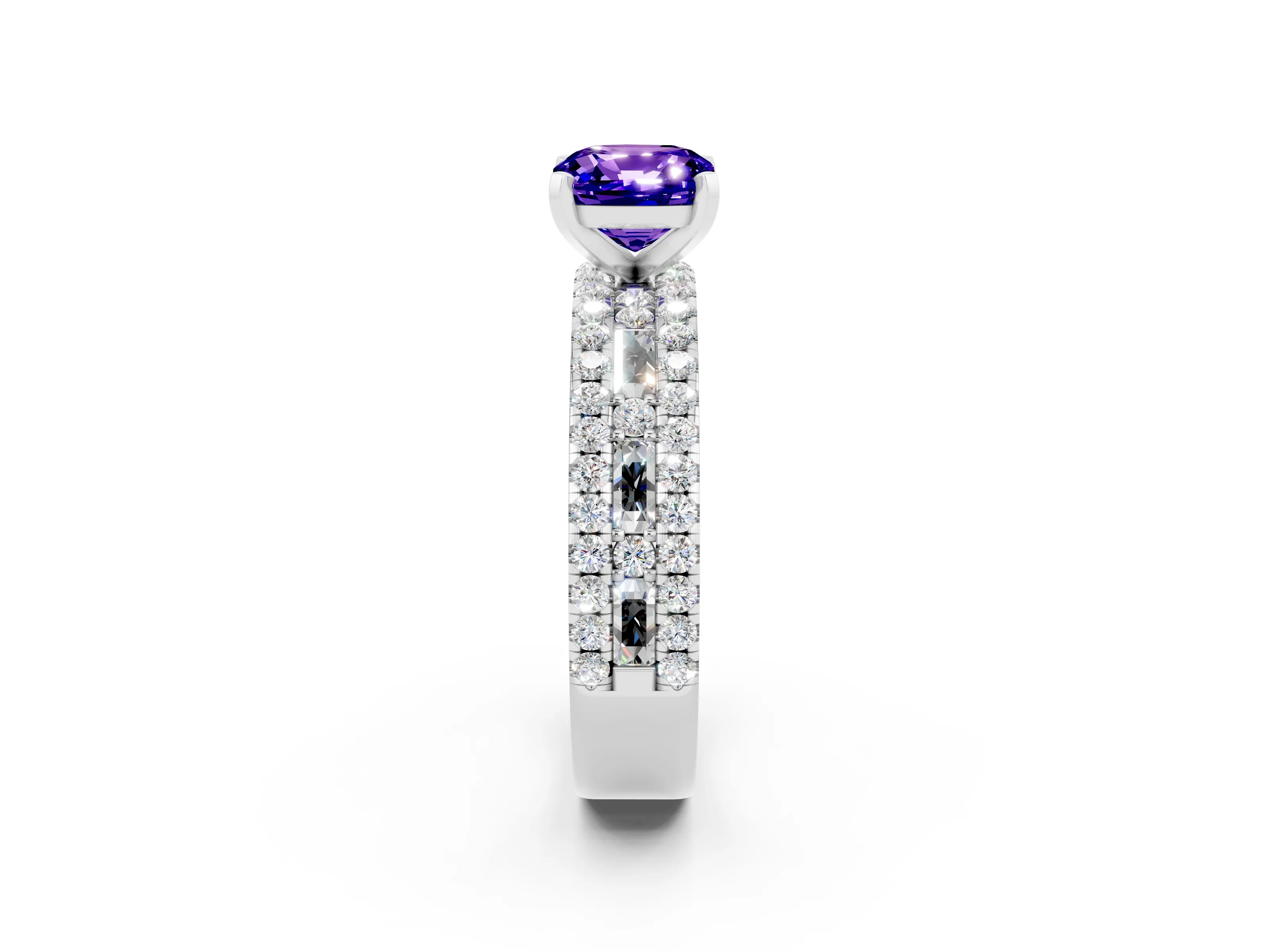 White gold Cushion Cut Tanzanite Solitaire Ring with Pavé and Channel Set Band_20