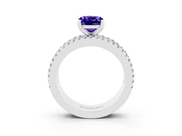 Silver Cushion Cut Tanzanite Solitaire Ring with Pavé and Channel Set Band
