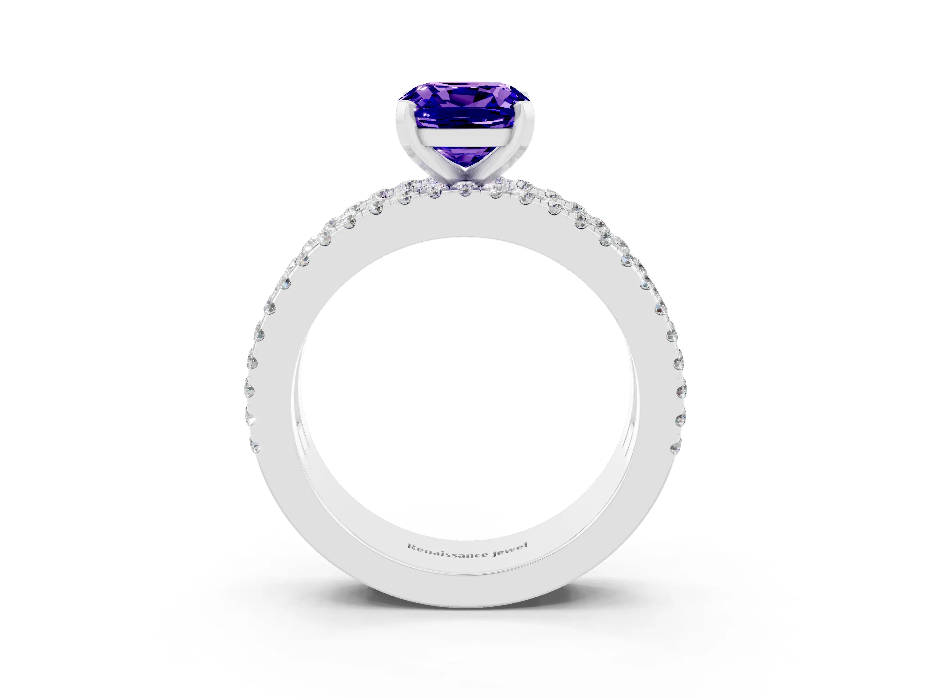 White gold Cushion Cut Tanzanite Solitaire Ring with Pavé and Channel Set Band_21