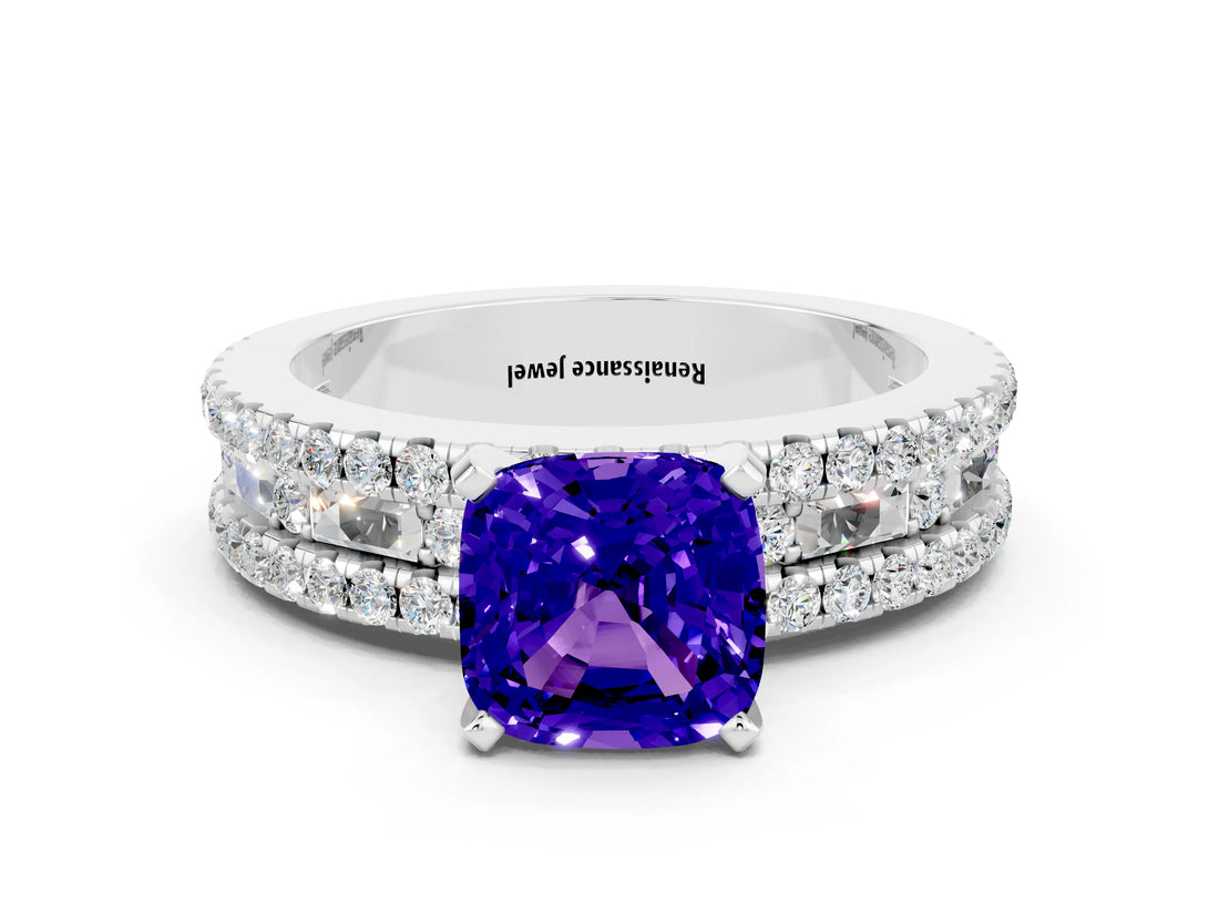 White gold Cushion Cut Tanzanite Solitaire Ring with Pavé and Channel Set Band_23