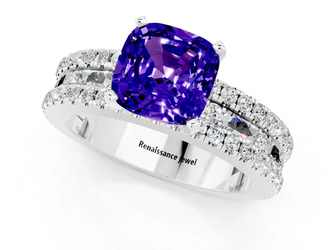White gold Cushion Cut Tanzanite Solitaire Ring with Pavé and Channel Set Band_24