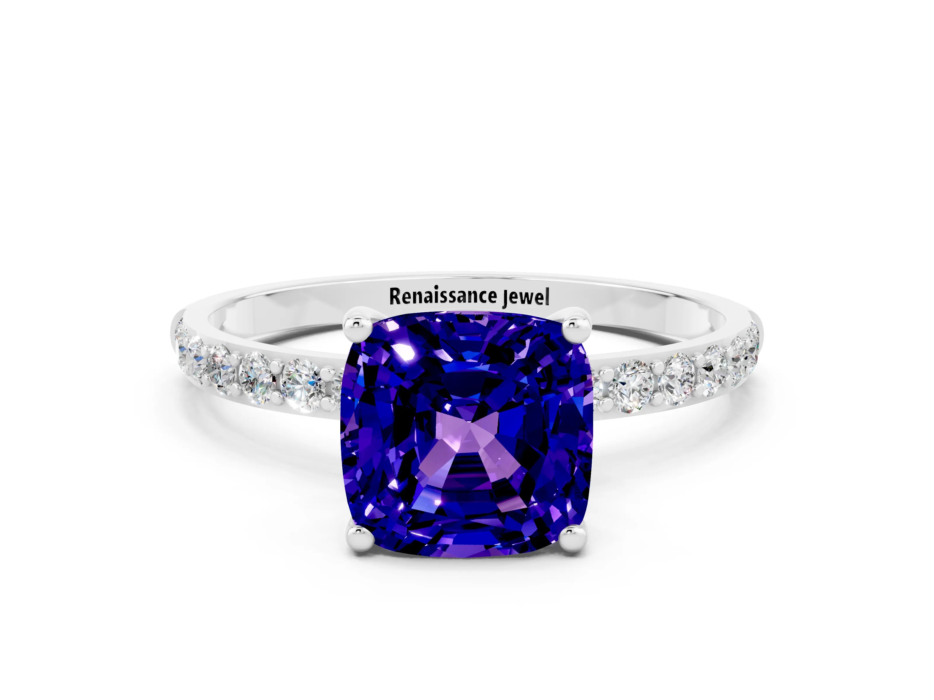 White gold Cushion Cut Tanzanite Solitaire Ring with Pave Band and Four Prong Setting_24