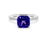 White gold Cushion Cut Tanzanite Solitaire Ring with Pave Band and Four Prong Setting_24