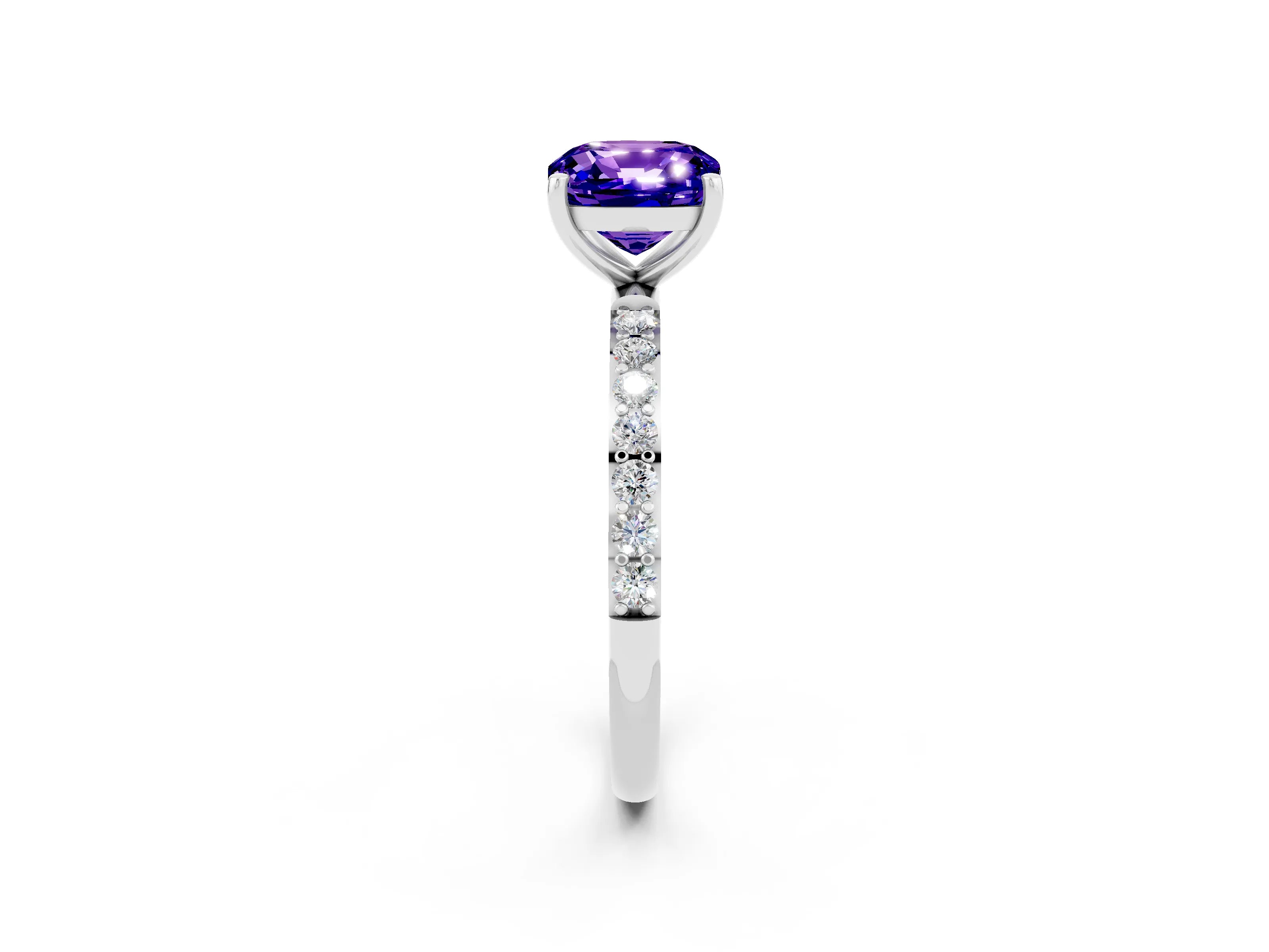 White gold Cushion Cut Tanzanite Solitaire Ring with Pave Band and Four Prong Setting_26