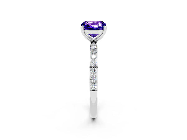 Platinum Cushion Cut Tanzanite Solitaire Ring with Round  Pavé Band and Prong Setting
