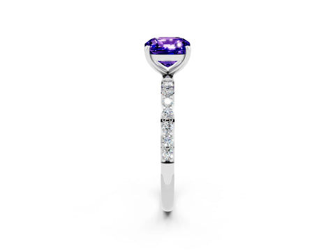 White gold Cushion Cut Tanzanite Solitaire Ring with Pave Band and Four Prong Setting_26