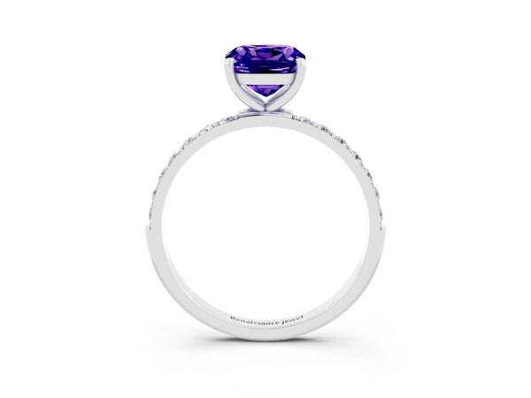 Platinum Cushion Cut Tanzanite Solitaire Ring with Round  Pavé Band and Prong Setting