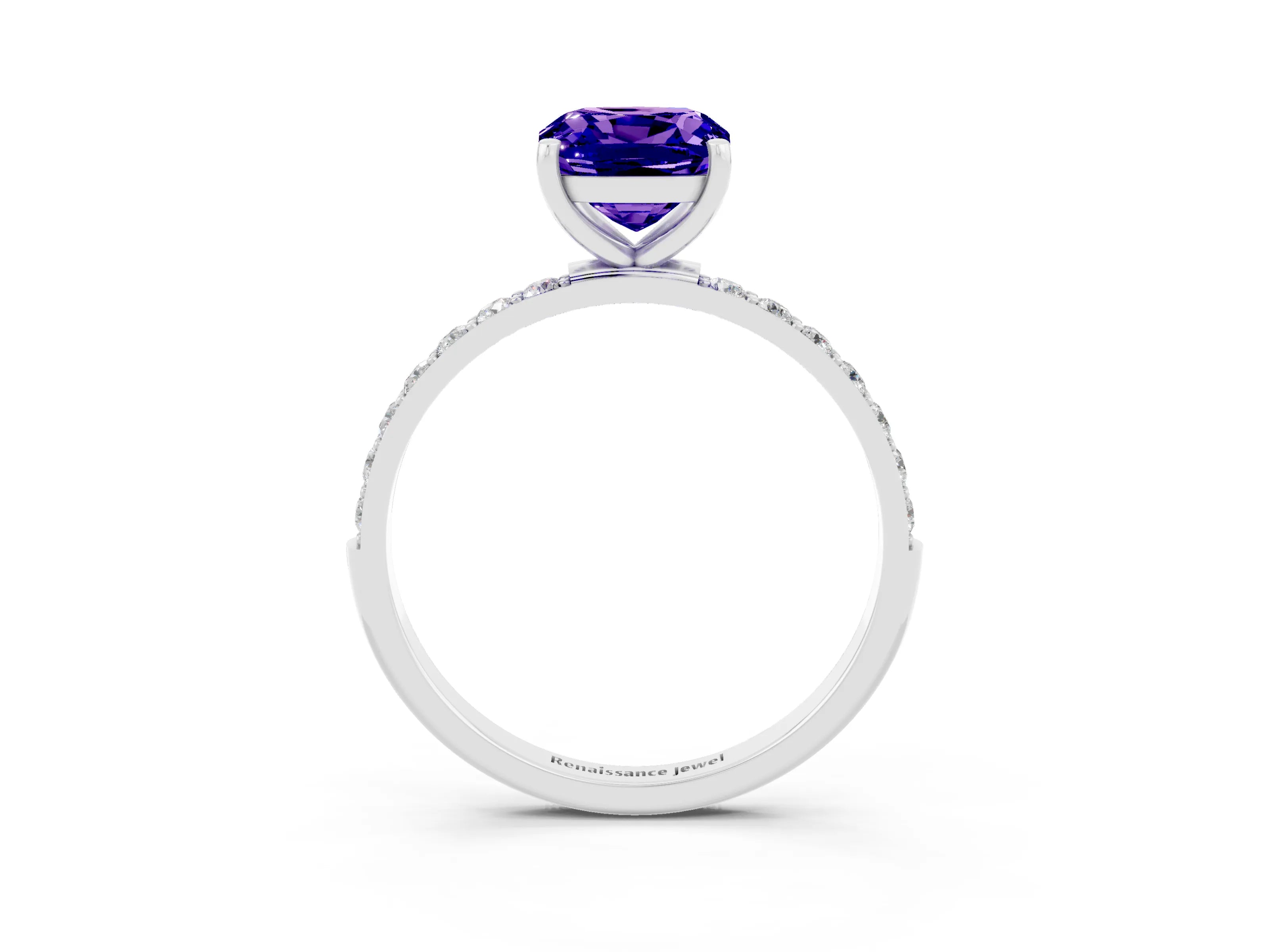 White gold Cushion Cut Tanzanite Solitaire Ring with Pave Band and Four Prong Setting_27