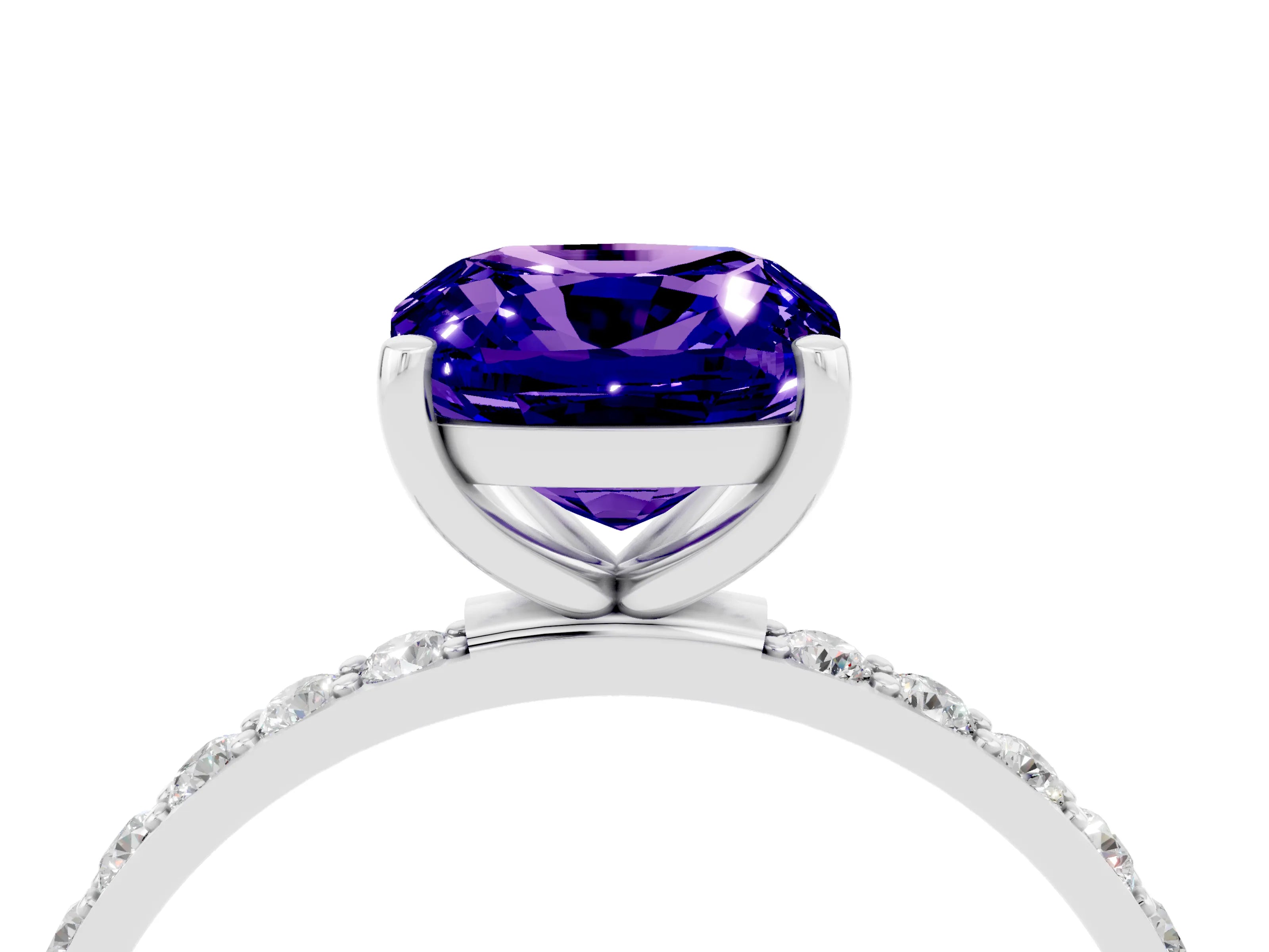 White gold Cushion Cut Tanzanite Solitaire Ring with Pave Band and Four Prong Setting_28