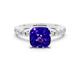 White gold Cushion Cut Tanzanite Solitaire Ring with Round  Pavé Band and Four-Prong Setting_60
