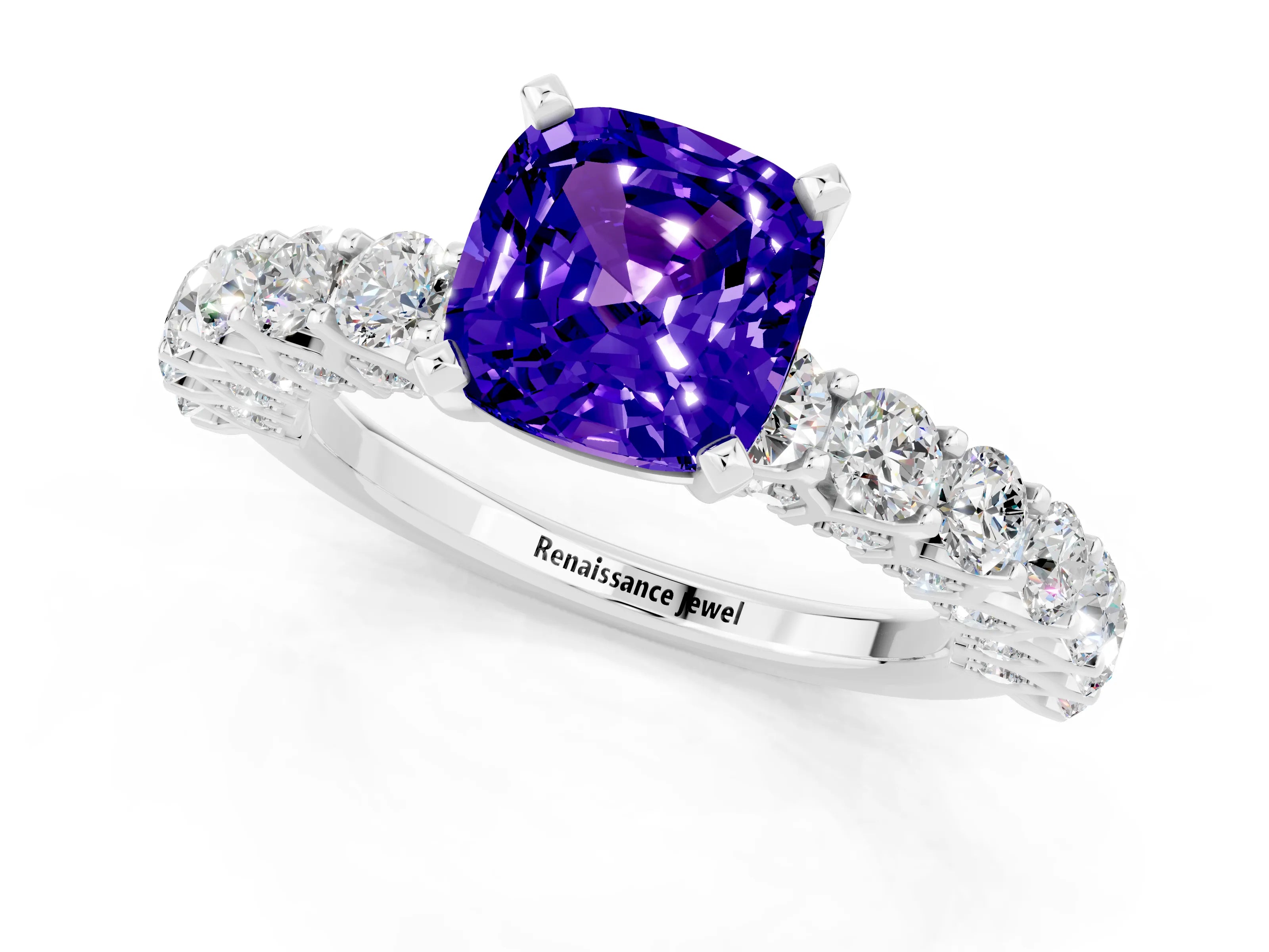 White gold Cushion Cut Tanzanite Solitaire Ring with Shared Prong Pavé Band and Four-Prong Setting_1