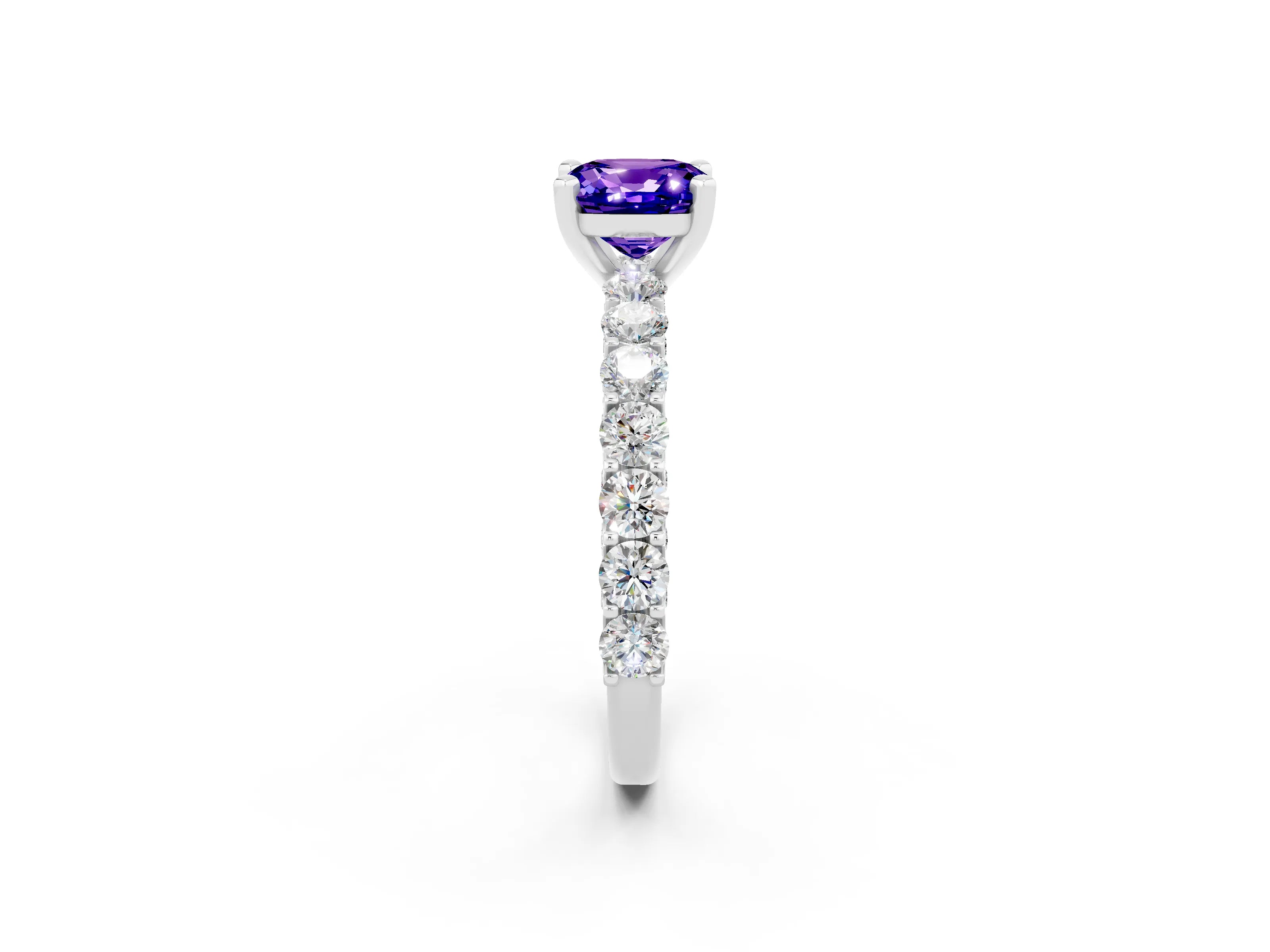 White gold Cushion Cut Tanzanite Solitaire Ring with Shared Prong Pavé Band and Four-Prong Setting_2