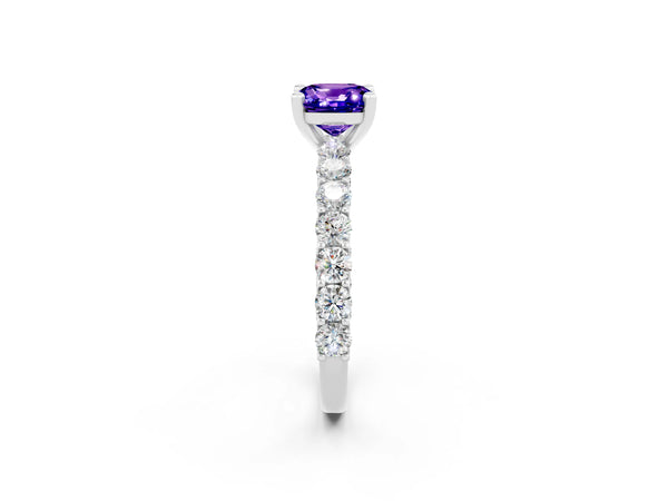 White gold Cushion Cut Tanzanite Solitaire Ring with Shared Prong Pavé Band and Four-Prong Setting